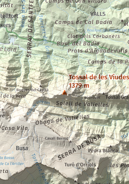 Mapa de relieve de Tossal de les Viudes, 1379 m, Berguedà · Solsonès, lámina 100 Cims de Trobart. Detalle de la zona central. 21 × 30 cm.