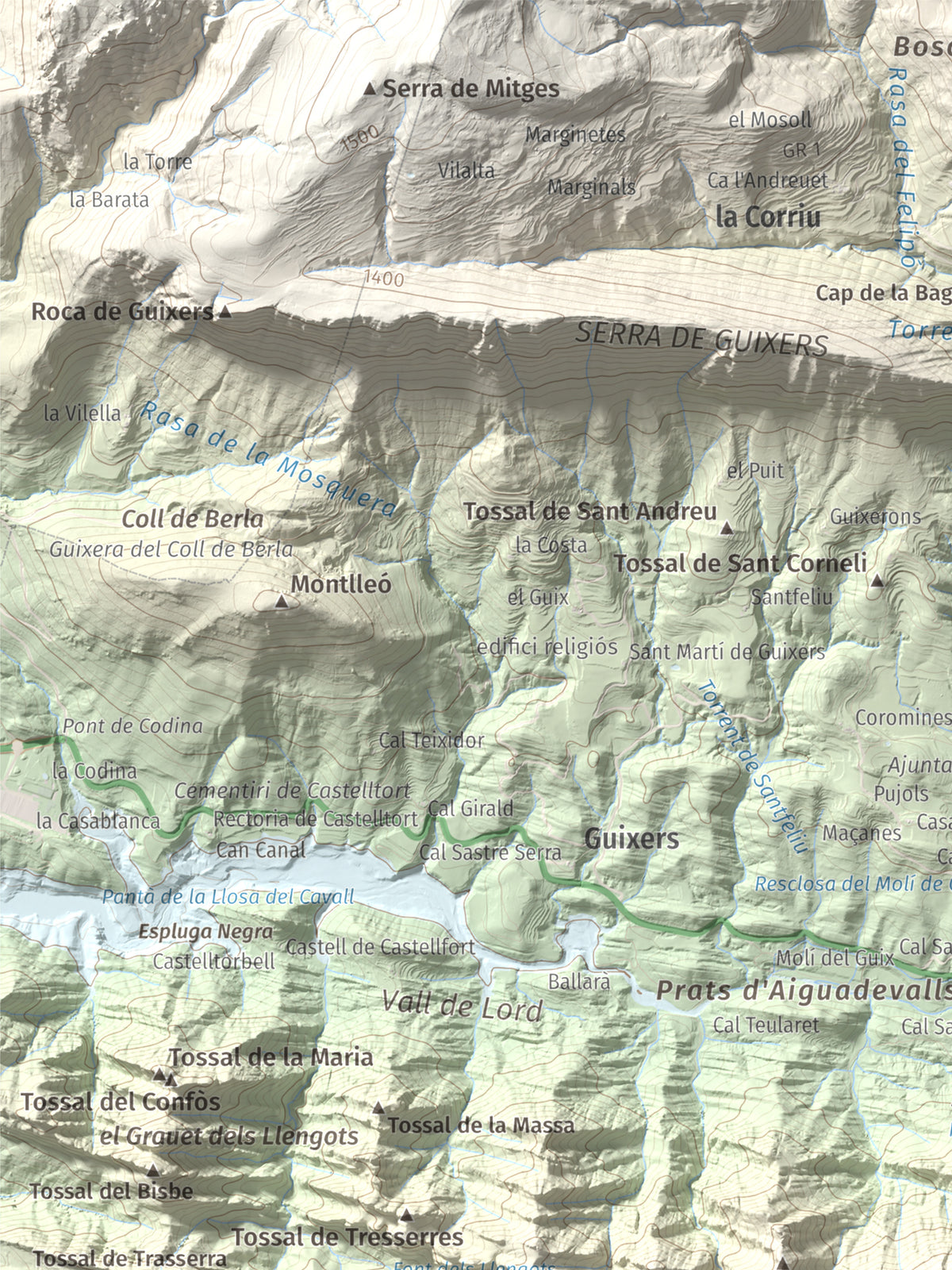 Mapa de relieve de Tossal de les Viudes, 1379 m, Berguedà · Solsonès, lámina 100 Cims de Trobart. Detalle de la zona superior izquierda. 30 × 40 cm.