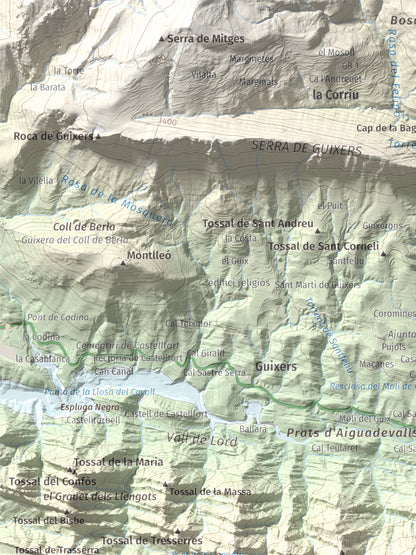 Mapa de relieve de Tossal de les Viudes, 1379 m, Berguedà · Solsonès, lámina 100 Cims de Trobart. Detalle de la zona superior izquierda. 30 × 40 cm.