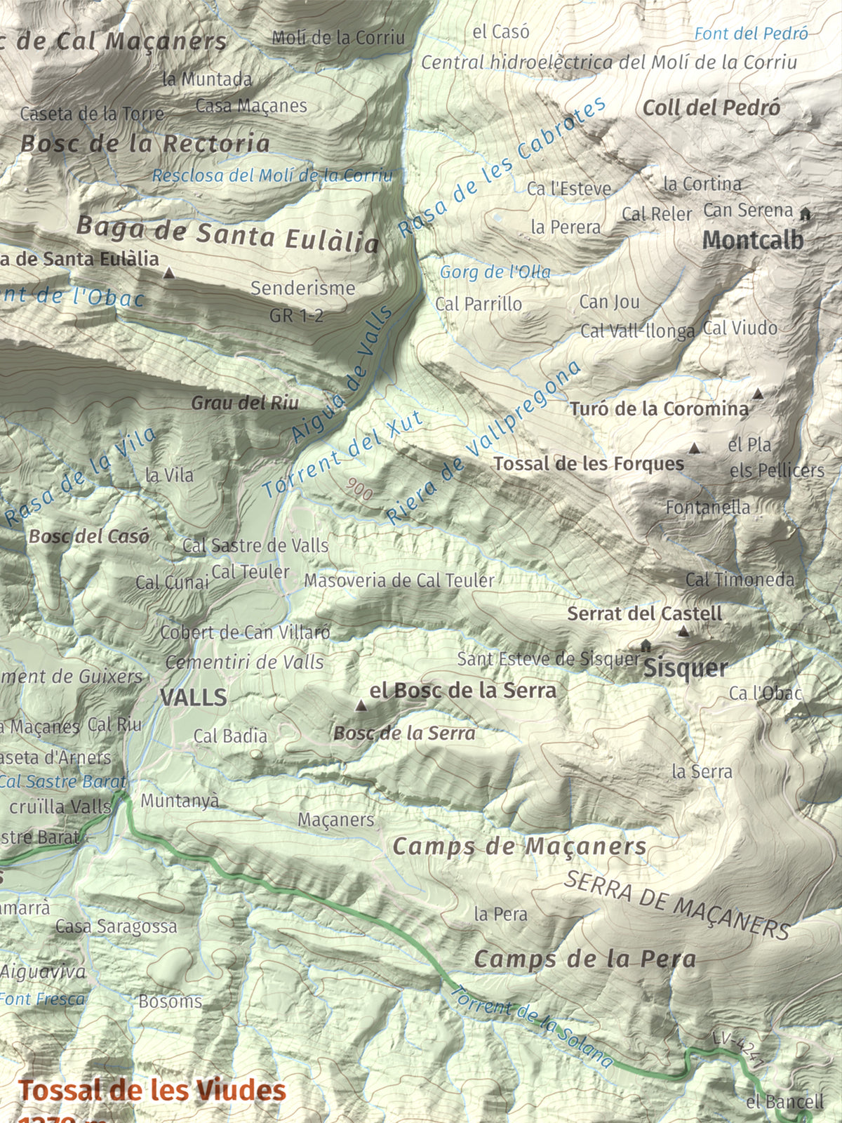 Mapa de relieve de Tossal de les Viudes, 1379 m, Berguedà · Solsonès, lámina 100 Cims de Trobart. Detalle de la zona superior derecha. 30 × 40 cm.