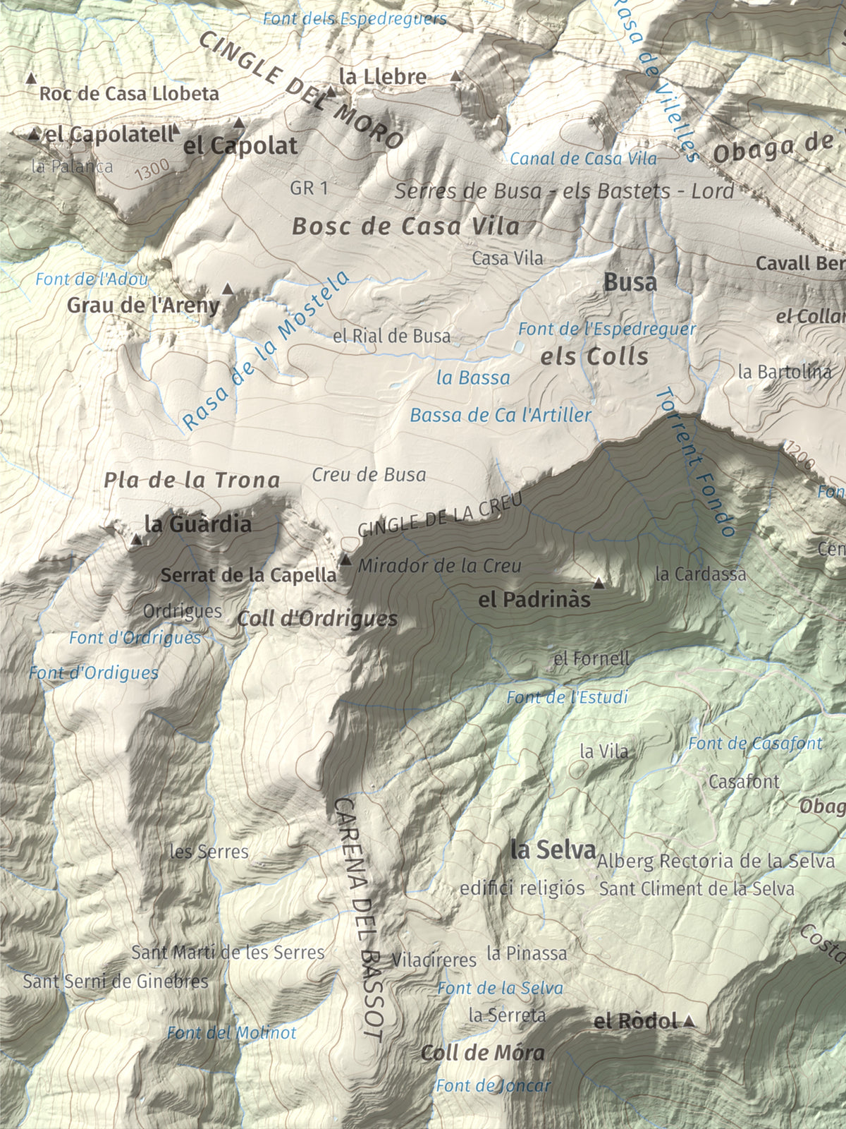 Mapa de relieve de Tossal de les Viudes, 1379 m, Berguedà · Solsonès, lámina 100 Cims de Trobart. Detalle de la zona inferior izquierda. 30 × 40 cm.