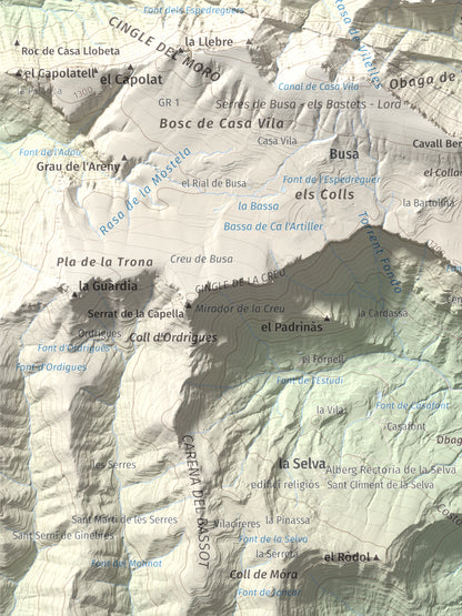 Mapa de relieve de Tossal de les Viudes, 1379 m, Berguedà · Solsonès, lámina 100 Cims de Trobart. Detalle de la zona inferior izquierda. 30 × 40 cm.