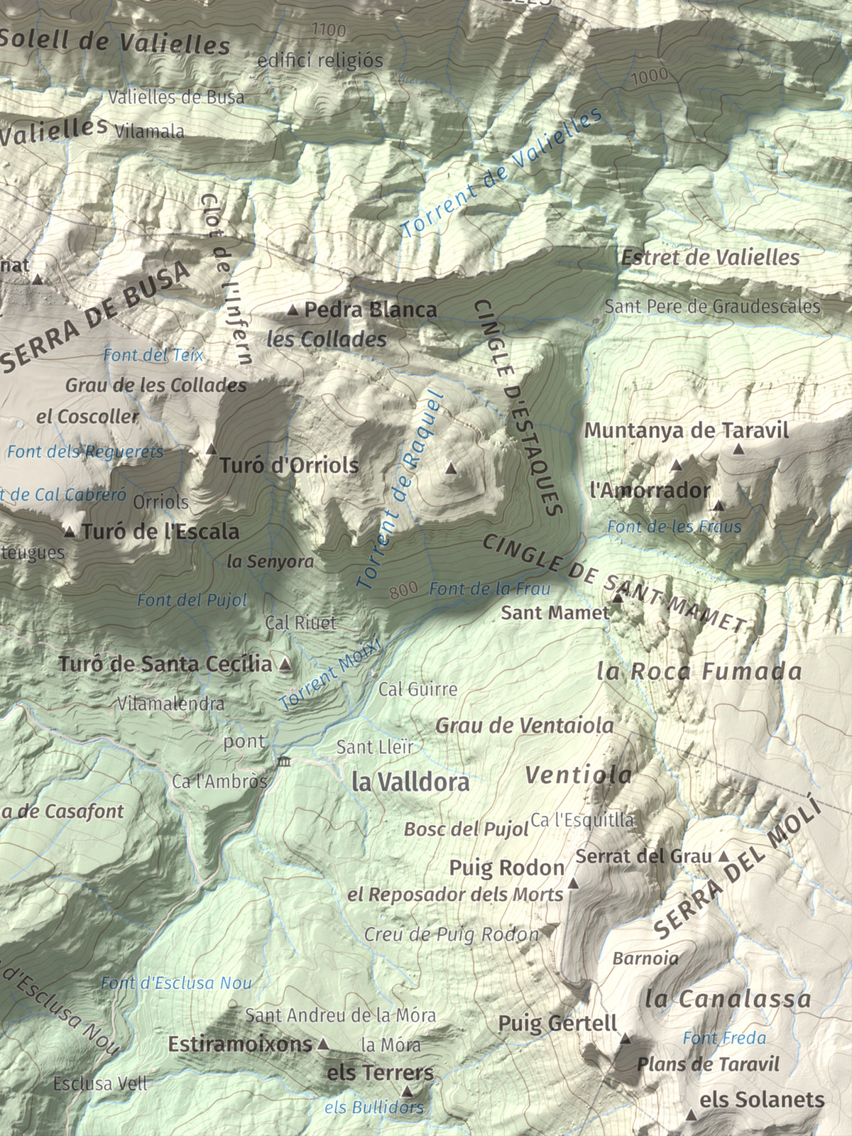 Mapa de relieve de Tossal de les Viudes, 1379 m, Berguedà · Solsonès, lámina 100 Cims de Trobart. Detalle de la zona inferior derecha. 30 × 40 cm.