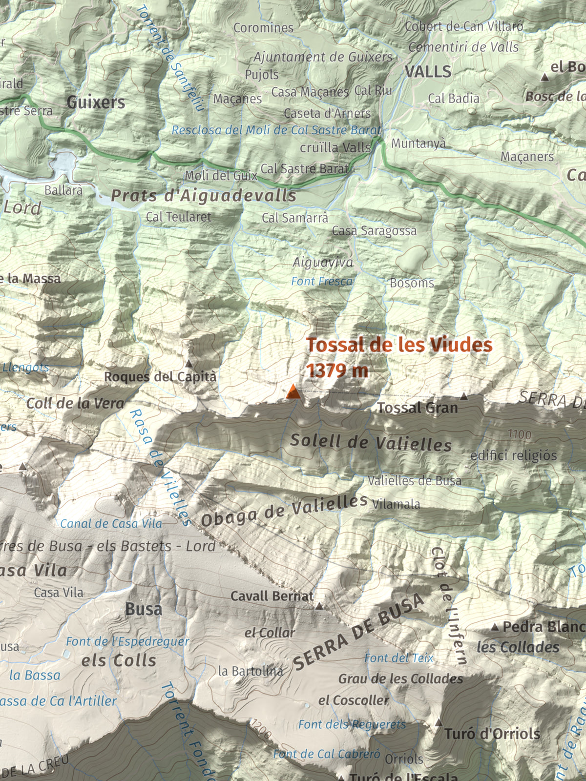 Mapa de relieve de Tossal de les Viudes, 1379 m, Berguedà · Solsonès, lámina 100 Cims de Trobart. Detalle de la zona central. 30 × 40 cm.