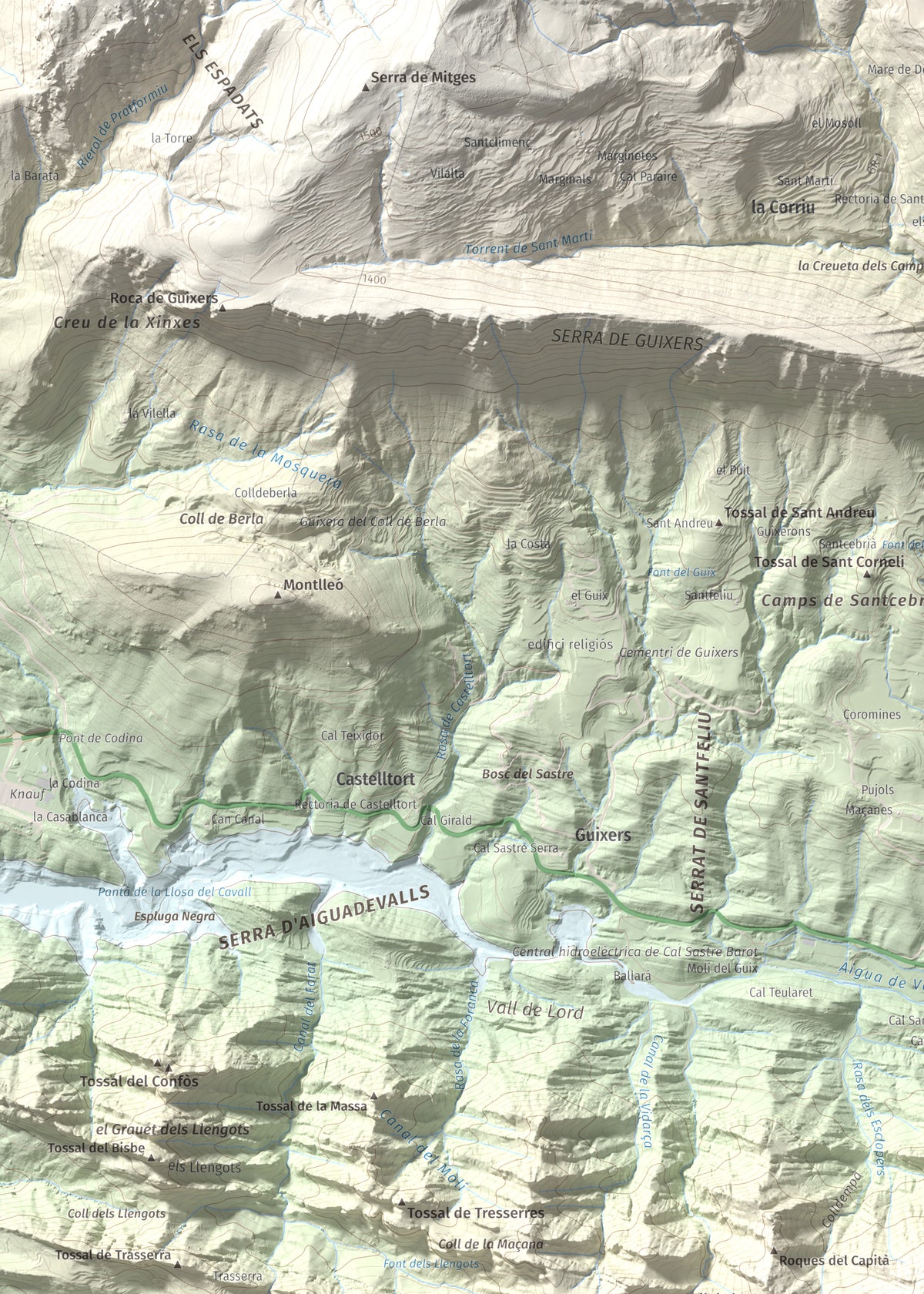 Mapa de relieve de Tossal de les Viudes, 1379 m, Berguedà · Solsonès, lámina 100 Cims de Trobart. Detalle de la zona superior izquierda. 50 × 70 cm.