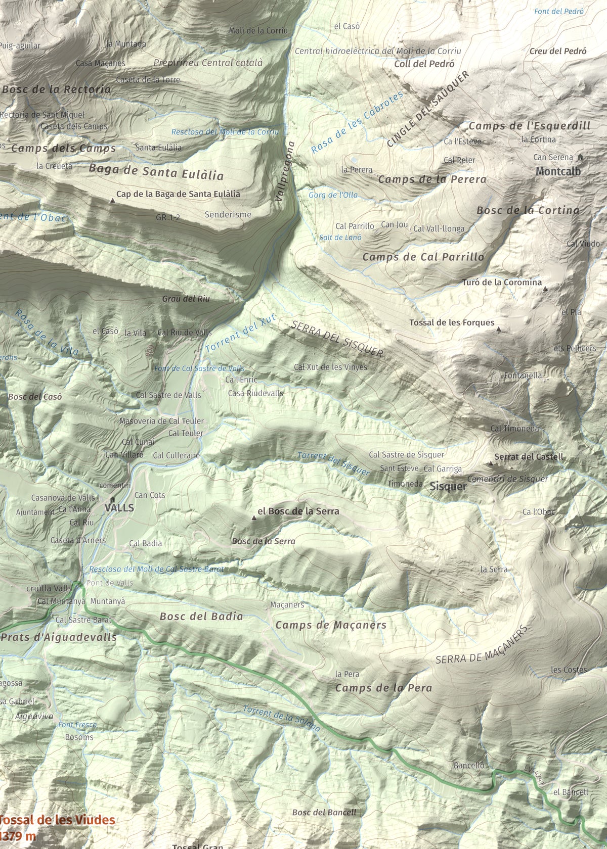 Mapa de relieve de Tossal de les Viudes, 1379 m, Berguedà · Solsonès, lámina 100 Cims de Trobart. Detalle de la zona superior derecha. 50 × 70 cm.