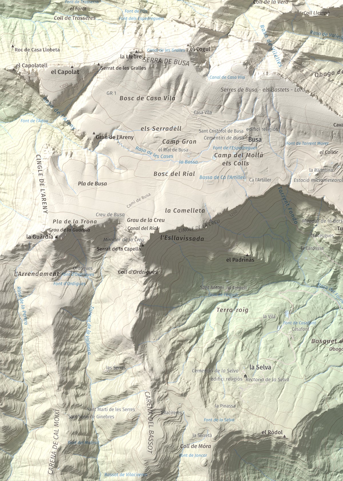 Mapa de relieve de Tossal de les Viudes, 1379 m, Berguedà · Solsonès, lámina 100 Cims de Trobart. Detalle de la zona inferior izquierda. 50 × 70 cm.