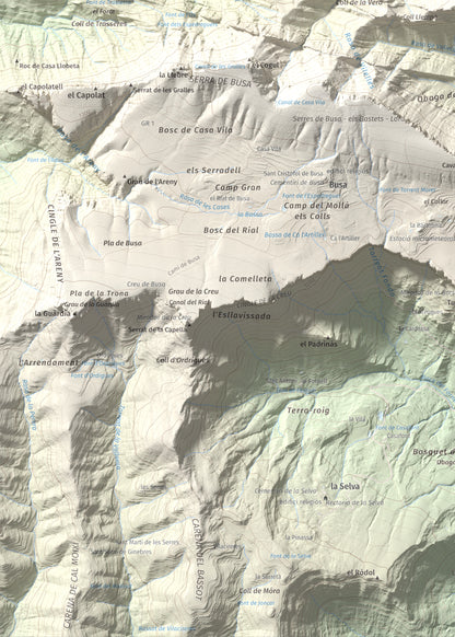 Mapa de relieve de Tossal de les Viudes, 1379 m, Berguedà · Solsonès, lámina 100 Cims de Trobart. Detalle de la zona inferior izquierda. 50 × 70 cm.