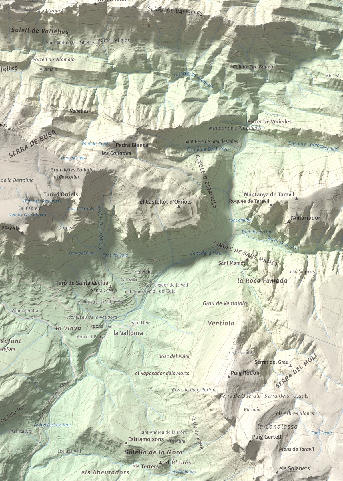 Mapa de relieve de Tossal de les Viudes, 1379 m, Berguedà · Solsonès, lámina 100 Cims de Trobart. Detalle de la zona inferior derecha. 50 × 70 cm.