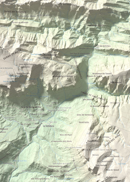 Mapa de relieve de Tossal de les Viudes, 1379 m, Berguedà · Solsonès, lámina 100 Cims de Trobart. Detalle de la zona inferior derecha. 50 × 70 cm.