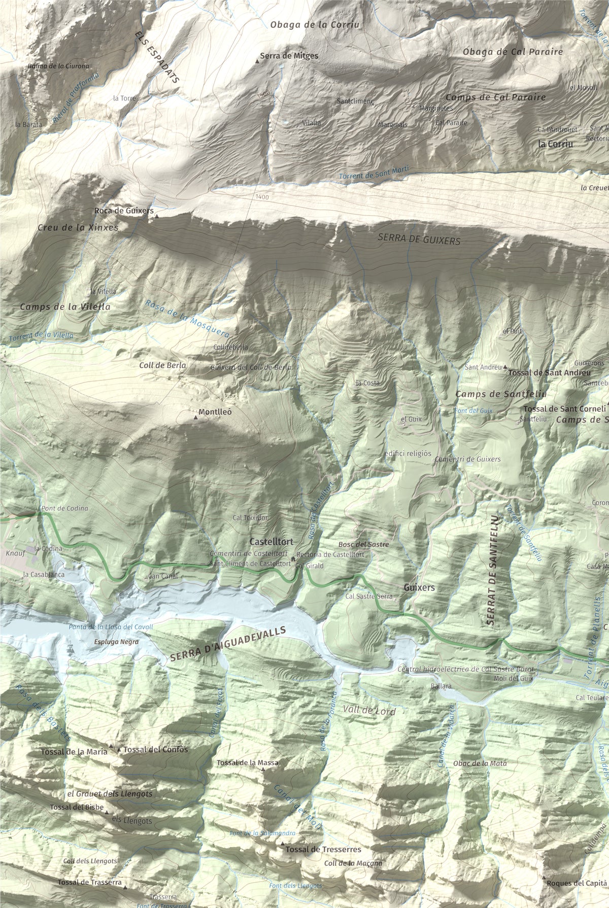 Mapa de relieve de Tossal de les Viudes, 1379 m, Berguedà · Solsonès, lámina 100 Cims de Trobart. Detalle de la zona superior izquierda. 61 × 91 cm.