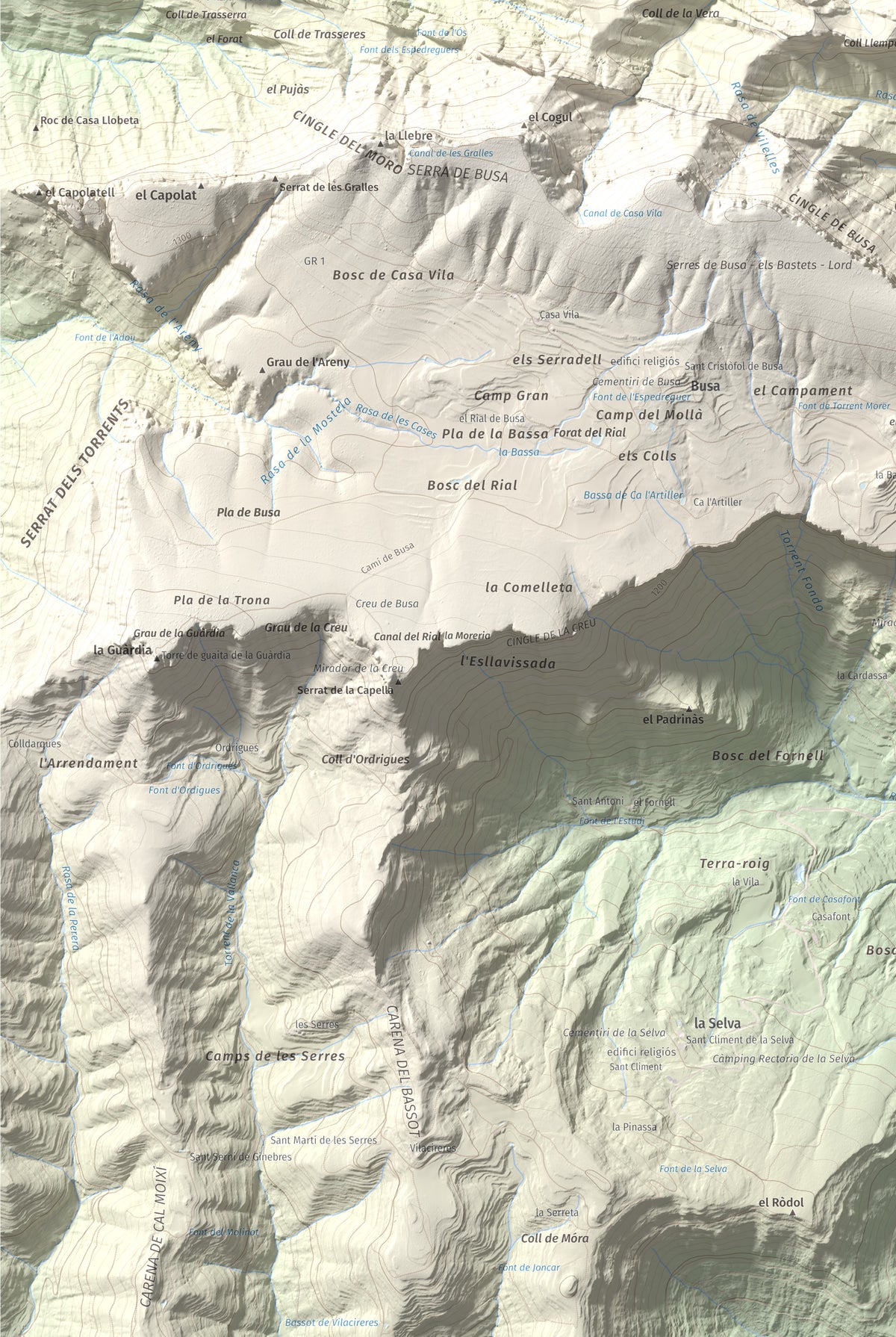 Mapa de relieve de Tossal de les Viudes, 1379 m, Berguedà · Solsonès, lámina 100 Cims de Trobart. Detalle de la zona inferior izquierda. 61 × 91 cm.