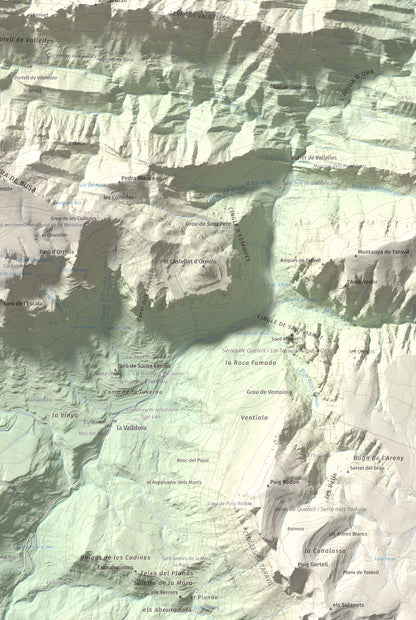 Mapa de relieve de Tossal de les Viudes, 1379 m, Berguedà · Solsonès, lámina 100 Cims de Trobart. Detalle de la zona inferior derecha. 61 × 91 cm.