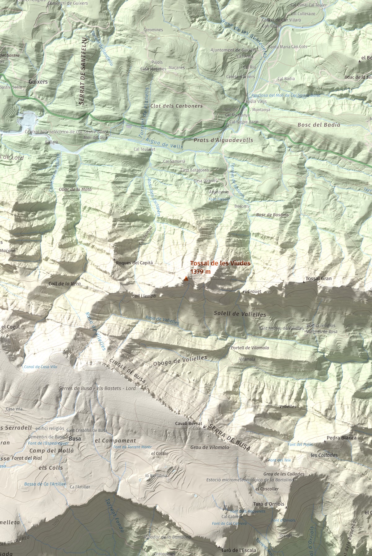Mapa de relieve de Tossal de les Viudes, 1379 m, Berguedà · Solsonès, lámina 100 Cims de Trobart. Detalle de la zona central. 61 × 91 cm.