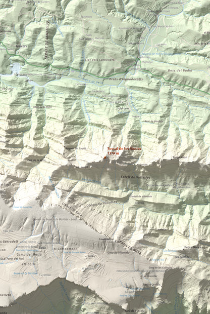 Mapa de relieve de Tossal de les Viudes, 1379 m, Berguedà · Solsonès, lámina 100 Cims de Trobart. Detalle de la zona central. 61 × 91 cm.