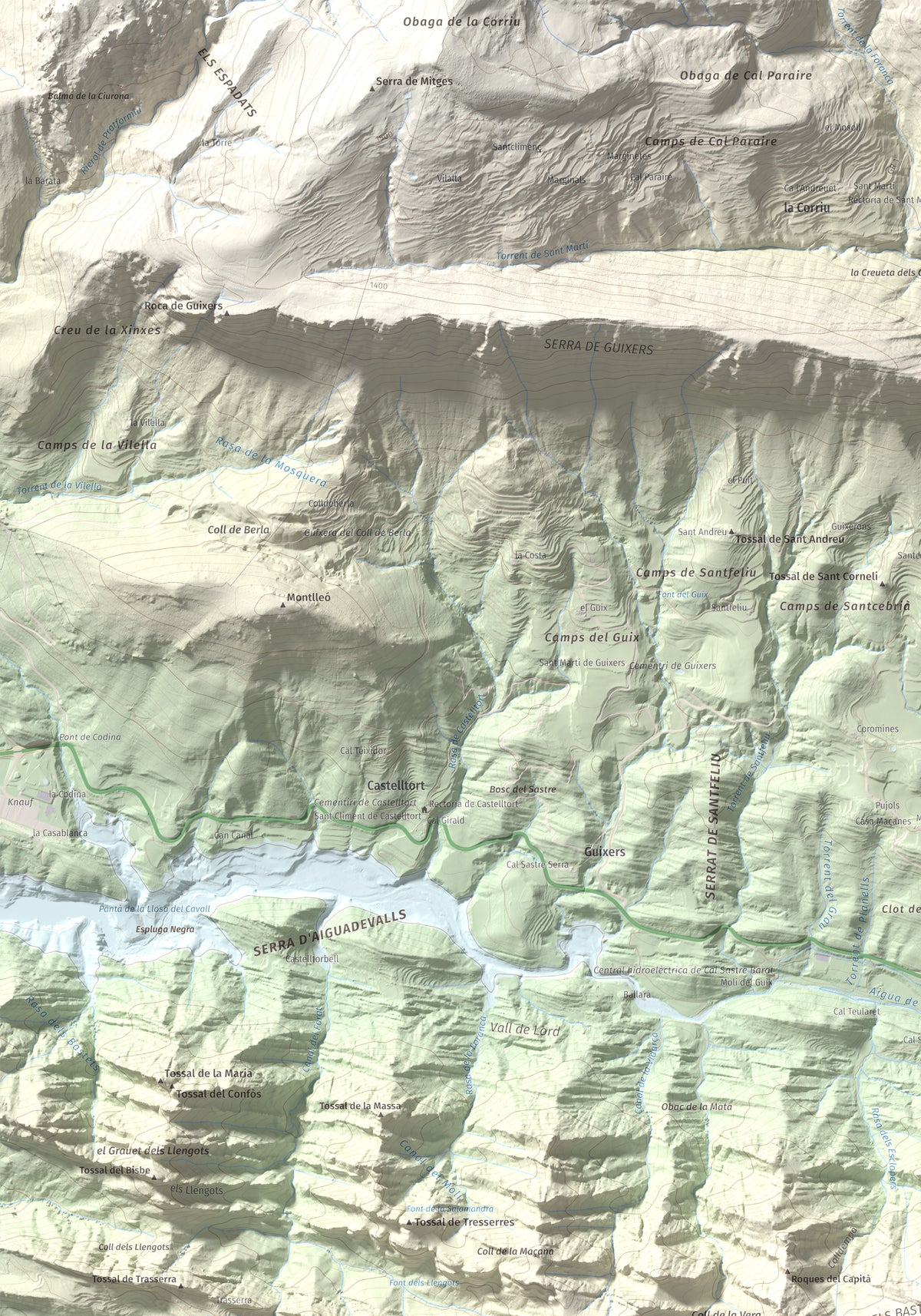 Mapa de relieve de Tossal de les Viudes, 1379 m, Berguedà · Solsonès, lámina 100 Cims de Trobart. Detalle de la zona superior izquierda. 70 × 100 cm.