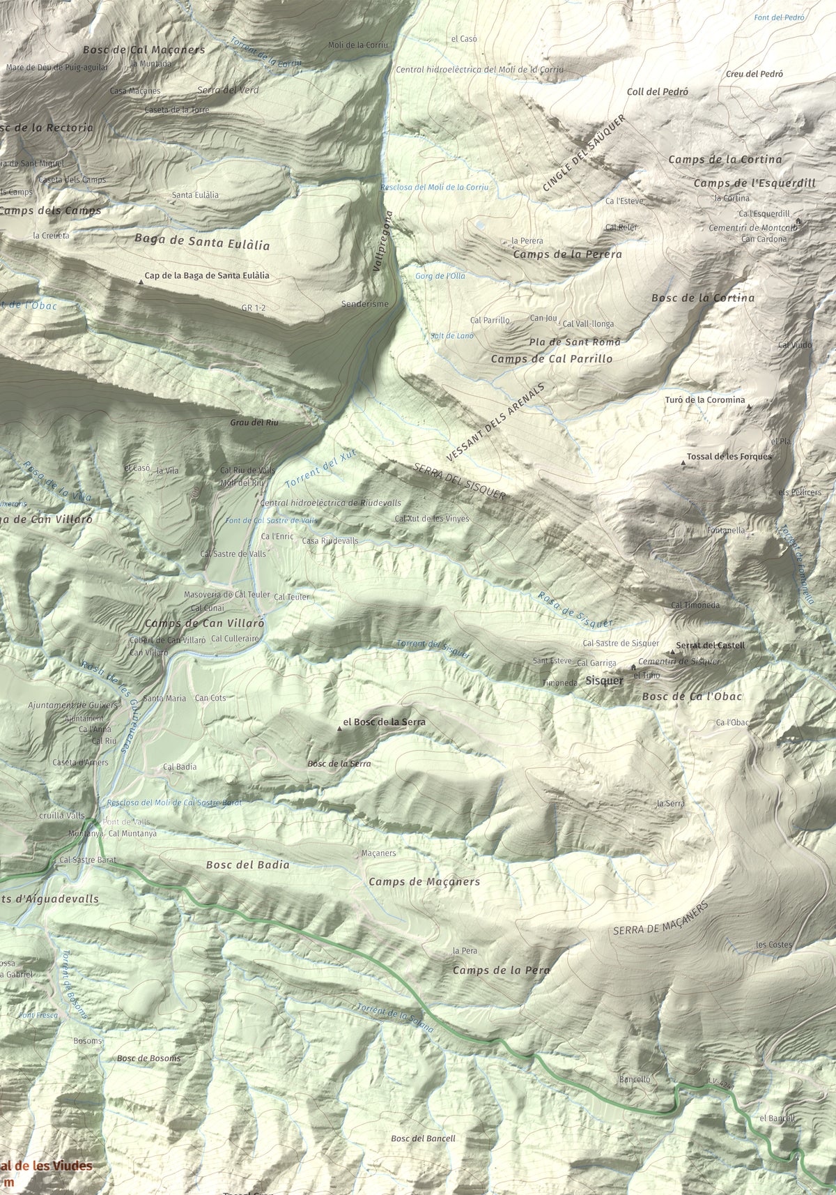 Mapa de relieve de Tossal de les Viudes, 1379 m, Berguedà · Solsonès, lámina 100 Cims de Trobart. Detalle de la zona superior derecha. 70 × 100 cm.