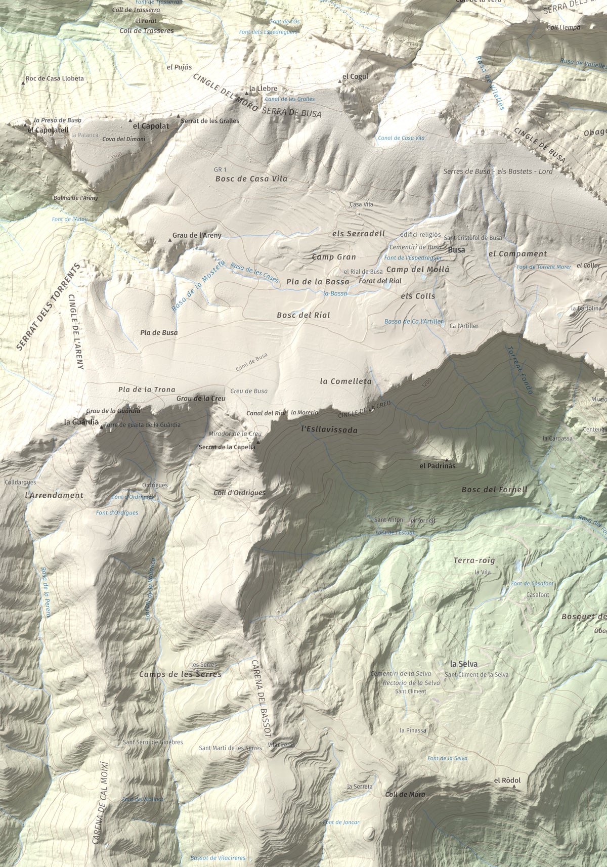 Mapa de relieve de Tossal de les Viudes, 1379 m, Berguedà · Solsonès, lámina 100 Cims de Trobart. Detalle de la zona inferior izquierda. 70 × 100 cm.