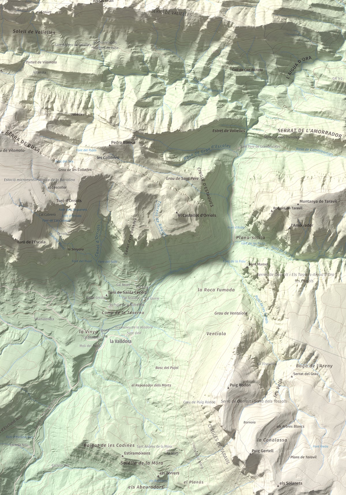 Mapa de relieve de Tossal de les Viudes, 1379 m, Berguedà · Solsonès, lámina 100 Cims de Trobart. Detalle de la zona inferior derecha. 70 × 100 cm.