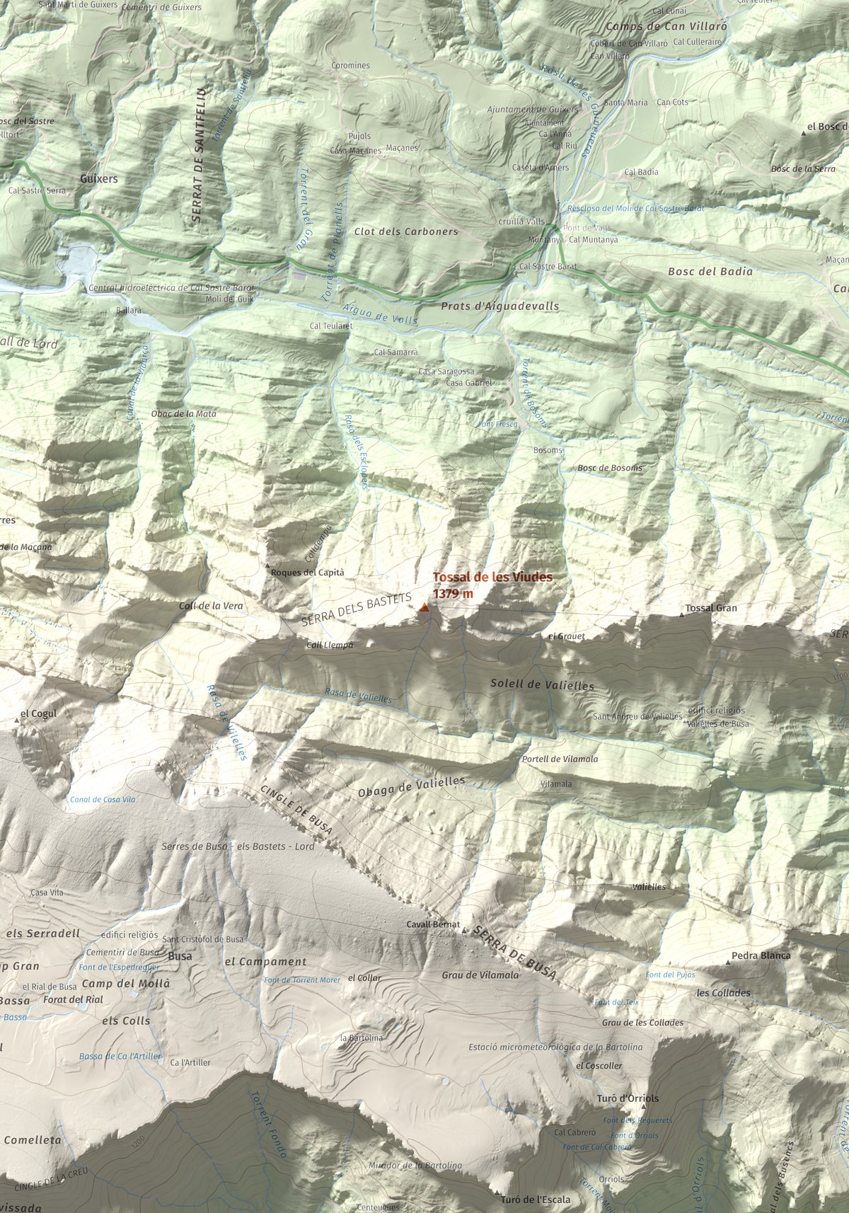 Mapa de relieve de Tossal de les Viudes, 1379 m, Berguedà · Solsonès, lámina 100 Cims de Trobart. Detalle de la zona central. 70 × 100 cm.