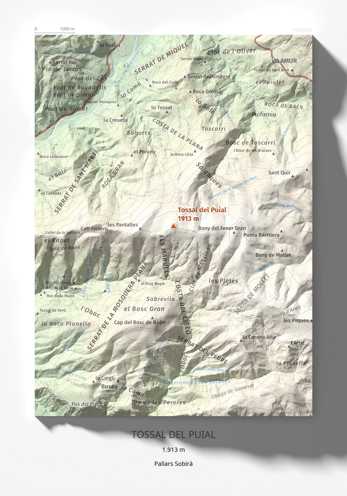 Mapa de relieve de Tossal del Puial, 1913 m, Pallars Sobirà, lámina 100 Cims de Trobart 21 × 30 cm.