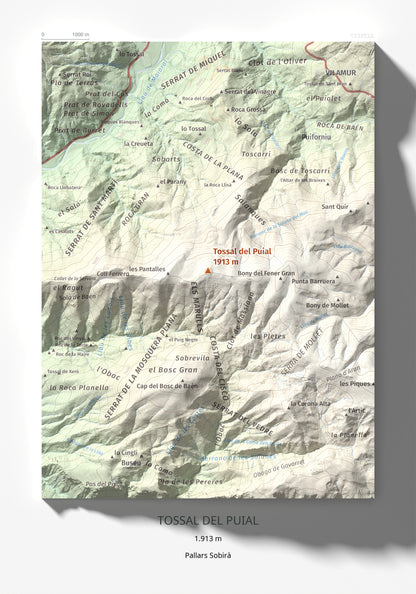 Mapa de relieve de Tossal del Puial, 1913 m, Pallars Sobirà, lámina 100 Cims de Trobart 21 × 30 cm.