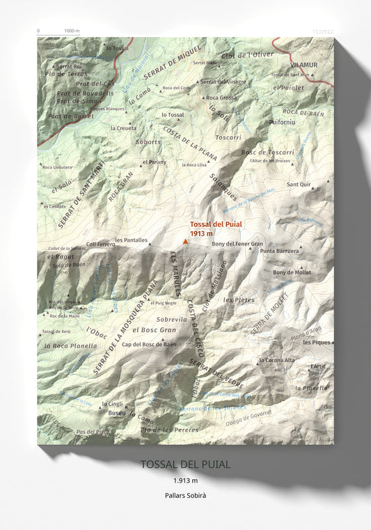 Mapa de relieve de Tossal del Puial, 1913 m, Pallars Sobirà, lámina 100 Cims de Trobart 21 × 30 cm.