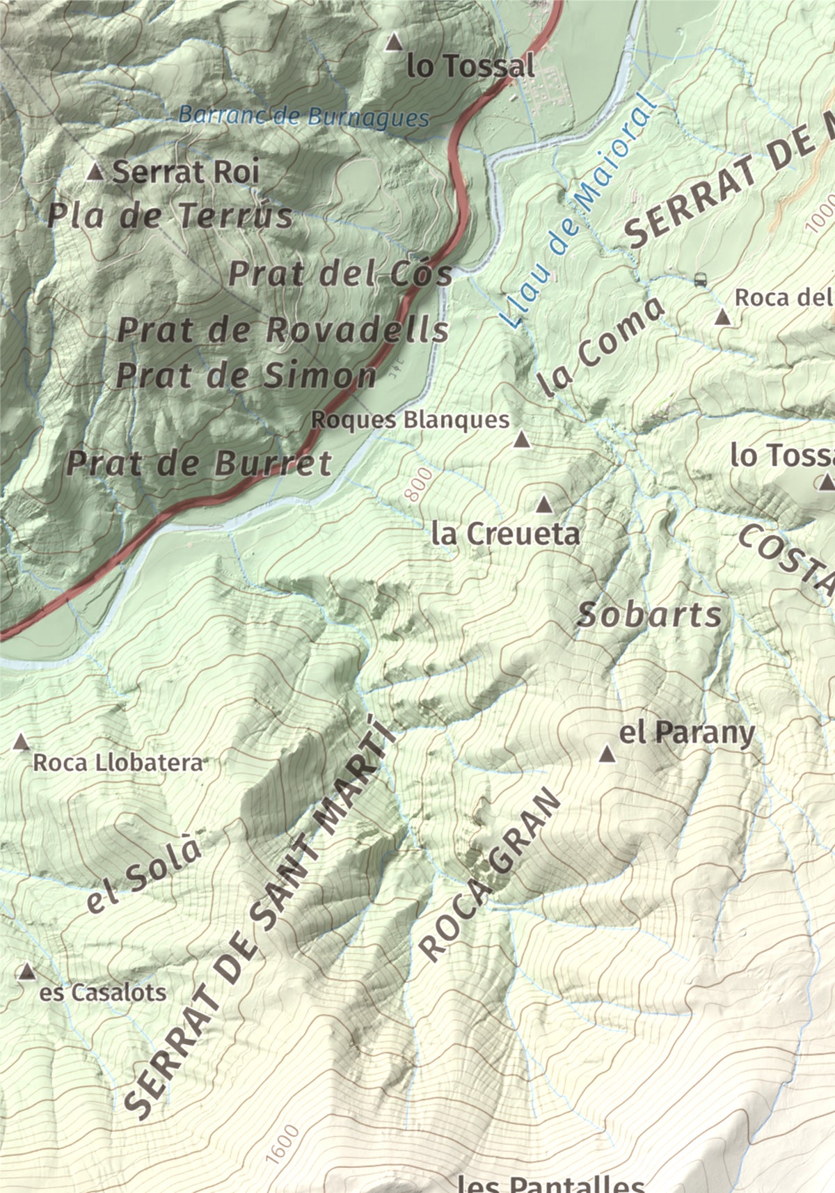 Mapa de relieve de Tossal del Puial, 1913 m, Pallars Sobirà, lámina 100 Cims de Trobart. Detalle de la zona superior izquierda. 21 × 30 cm.