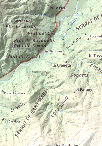 Mapa de relieve de Tossal del Puial, 1913 m, Pallars Sobirà, lámina 100 Cims de Trobart. Detalle de la zona superior izquierda. 21 × 30 cm.