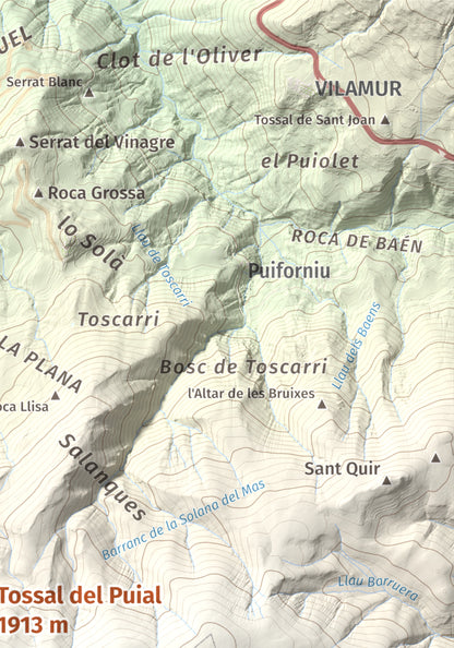 Mapa de relieve de Tossal del Puial, 1913 m, Pallars Sobirà, lámina 100 Cims de Trobart. Detalle de la zona superior derecha. 21 × 30 cm.
