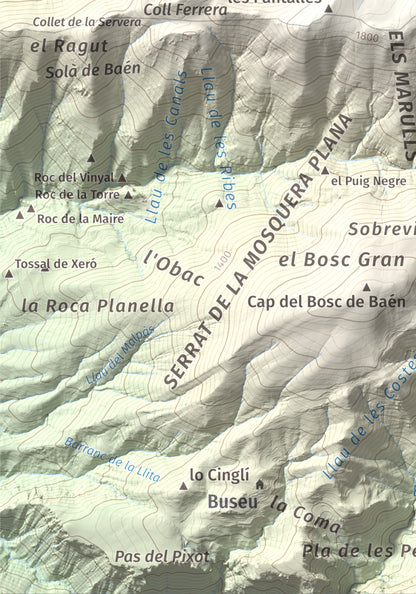 Mapa de relieve de Tossal del Puial, 1913 m, Pallars Sobirà, lámina 100 Cims de Trobart. Detalle de la zona inferior izquierda. 21 × 30 cm.