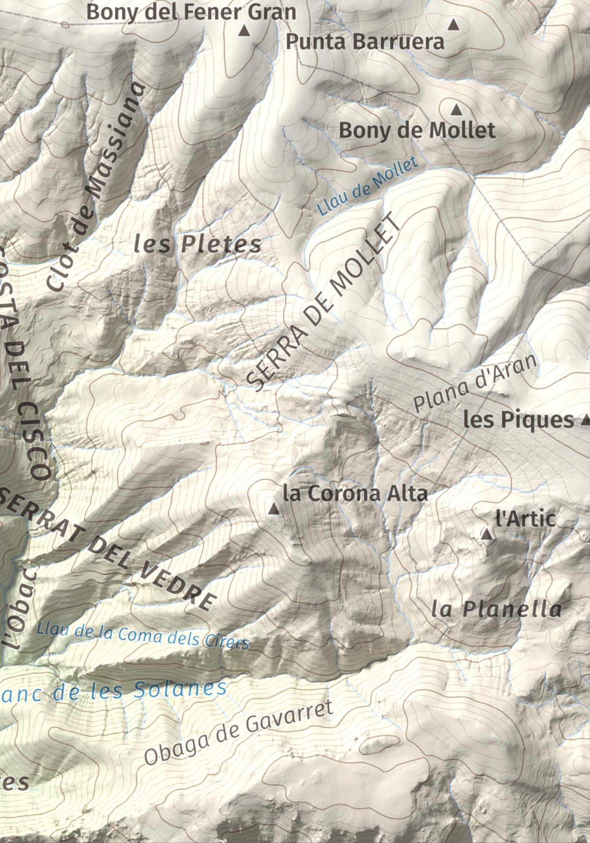 Mapa de relieve de Tossal del Puial, 1913 m, Pallars Sobirà, lámina 100 Cims de Trobart. Detalle de la zona inferior derecha. 21 × 30 cm.