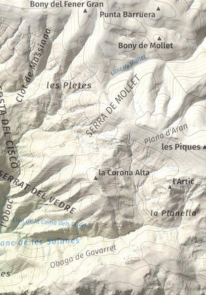 Mapa de relieve de Tossal del Puial, 1913 m, Pallars Sobirà, lámina 100 Cims de Trobart. Detalle de la zona inferior derecha. 21 × 30 cm.