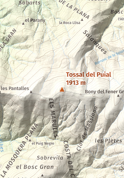 Mapa de relieve de Tossal del Puial, 1913 m, Pallars Sobirà, lámina 100 Cims de Trobart. Detalle de la zona central. 21 × 30 cm.