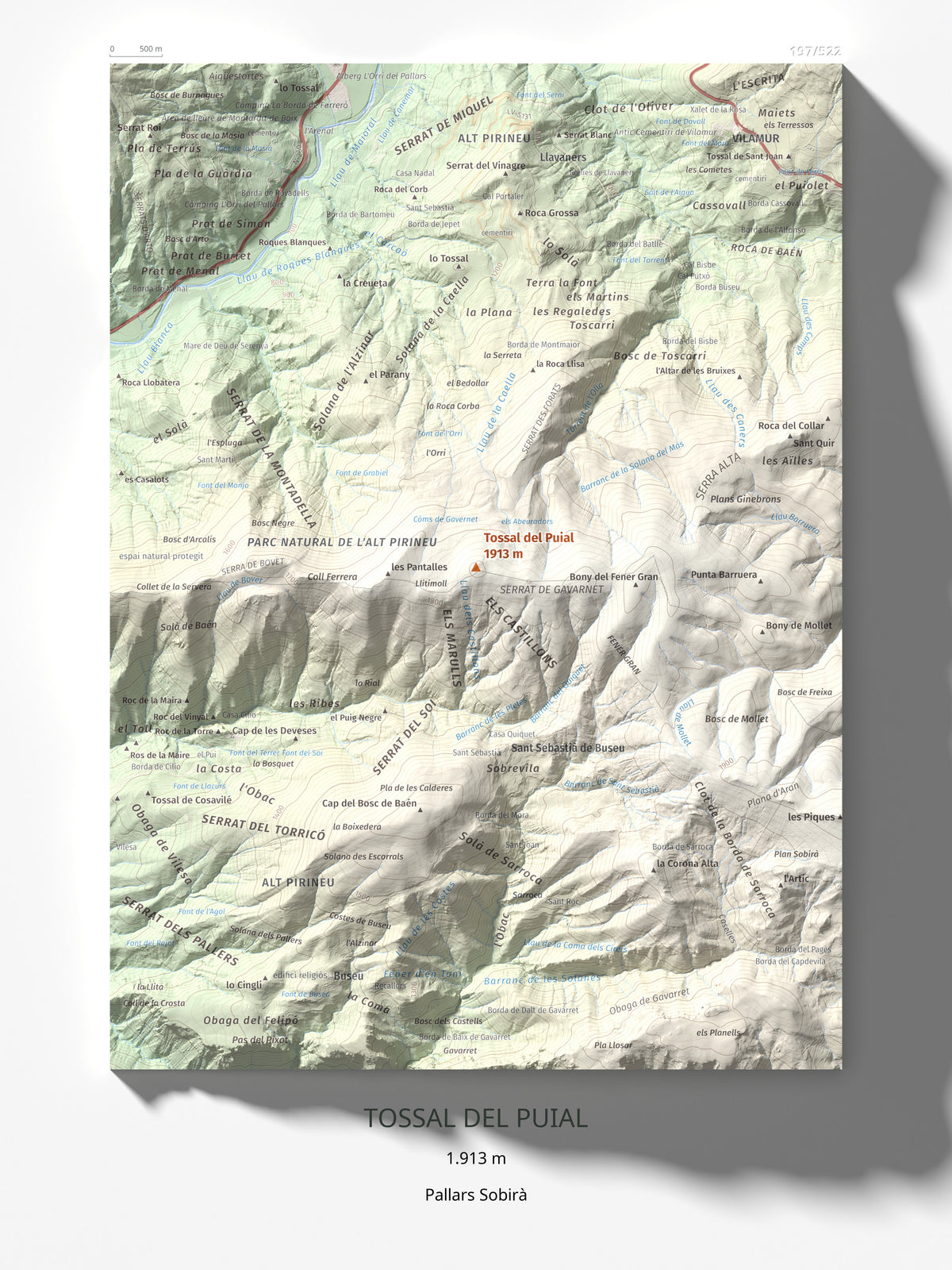 Mapa de relieve de Tossal del Puial, 1913 m, Pallars Sobirà, lámina 100 Cims de Trobart 30 × 40 cm.