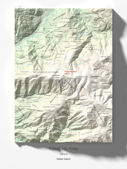 Mapa de relieve de Tossal del Puial, 1913 m, Pallars Sobirà, lámina 100 Cims de Trobart 30 × 40 cm.