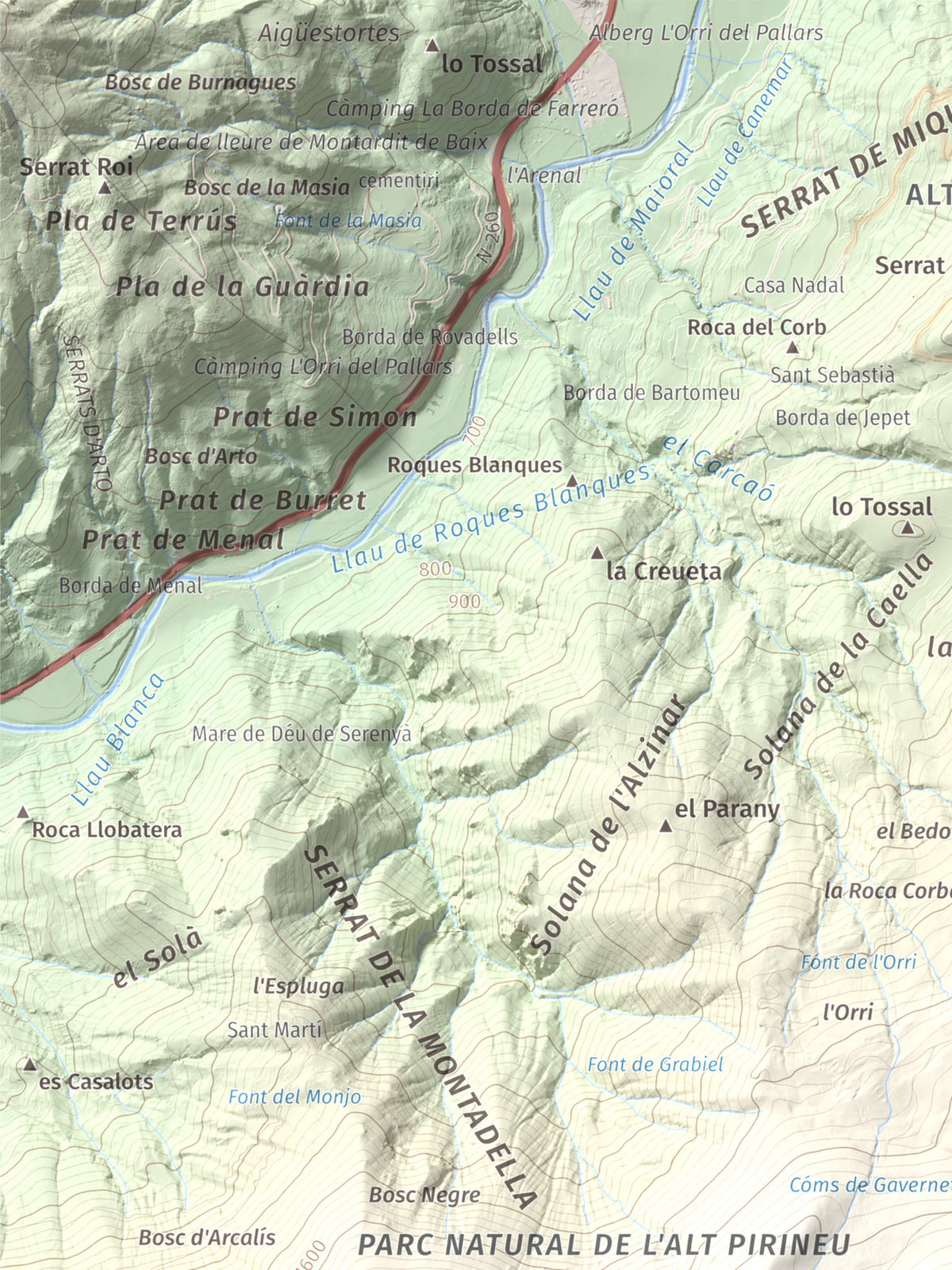 Mapa de relieve de Tossal del Puial, 1913 m, Pallars Sobirà, lámina 100 Cims de Trobart. Detalle de la zona superior izquierda. 30 × 40 cm.