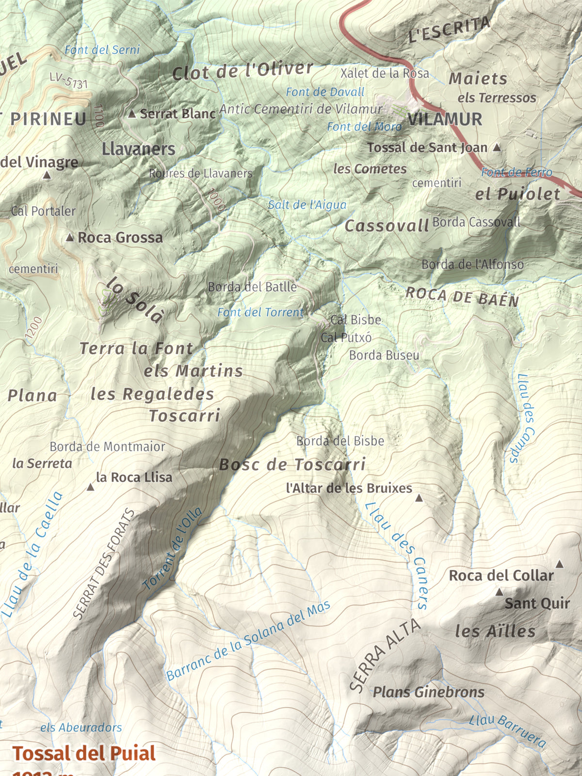 Mapa de relieve de Tossal del Puial, 1913 m, Pallars Sobirà, lámina 100 Cims de Trobart. Detalle de la zona superior derecha. 30 × 40 cm.
