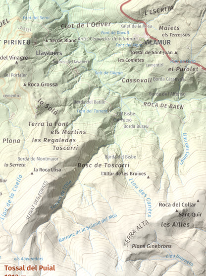 Mapa de relieve de Tossal del Puial, 1913 m, Pallars Sobirà, lámina 100 Cims de Trobart. Detalle de la zona superior derecha. 30 × 40 cm.