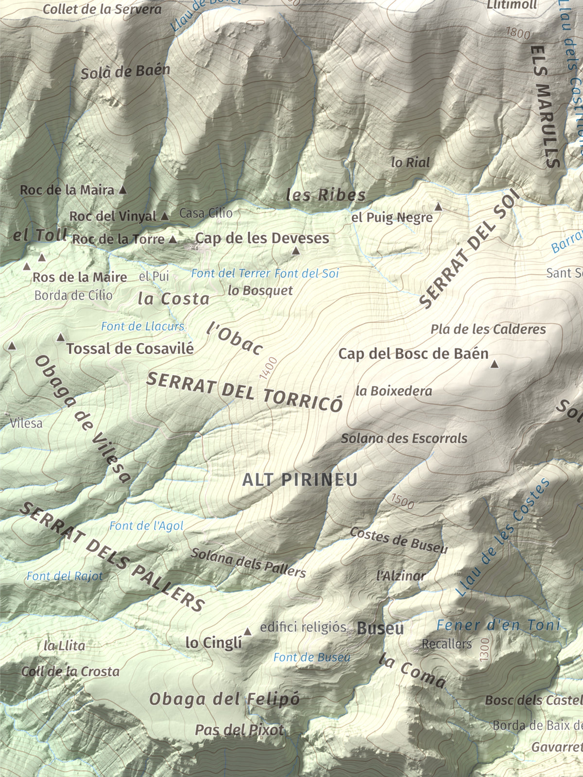 Mapa de relieve de Tossal del Puial, 1913 m, Pallars Sobirà, lámina 100 Cims de Trobart. Detalle de la zona inferior izquierda. 30 × 40 cm.