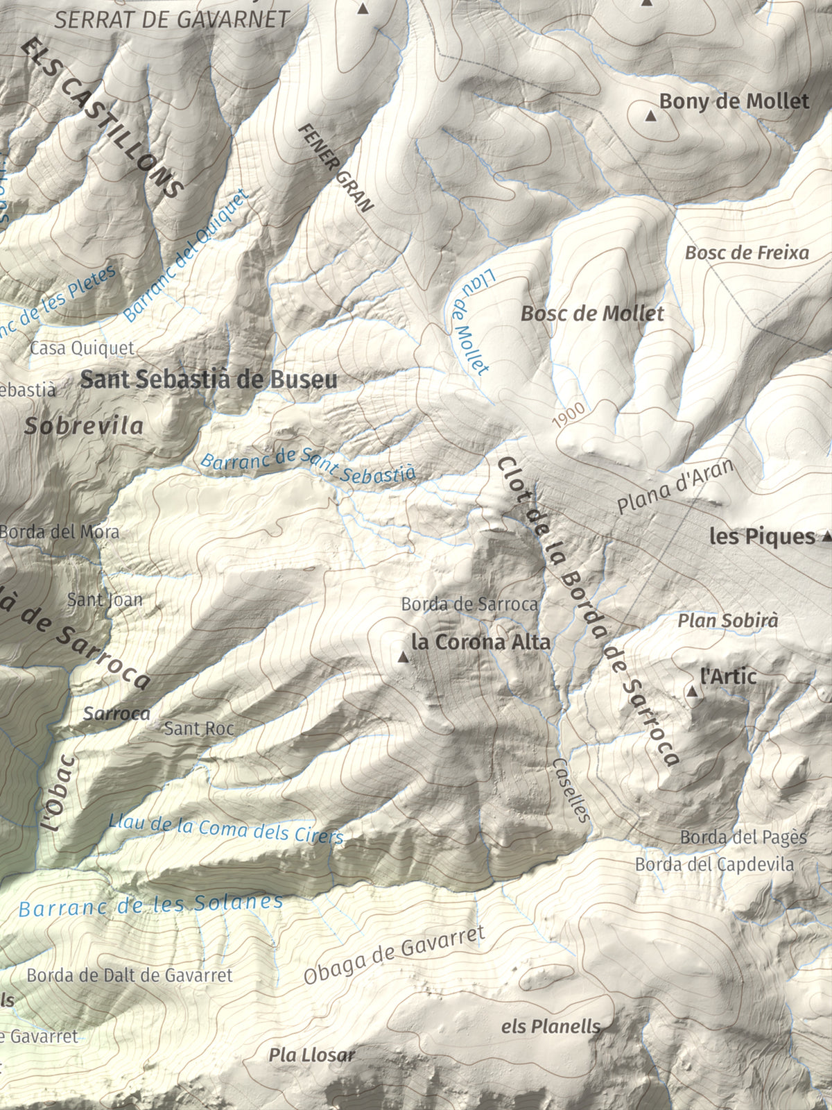 Mapa de relieve de Tossal del Puial, 1913 m, Pallars Sobirà, lámina 100 Cims de Trobart. Detalle de la zona inferior derecha. 30 × 40 cm.