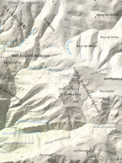 Mapa de relieve de Tossal del Puial, 1913 m, Pallars Sobirà, lámina 100 Cims de Trobart. Detalle de la zona inferior derecha. 30 × 40 cm.