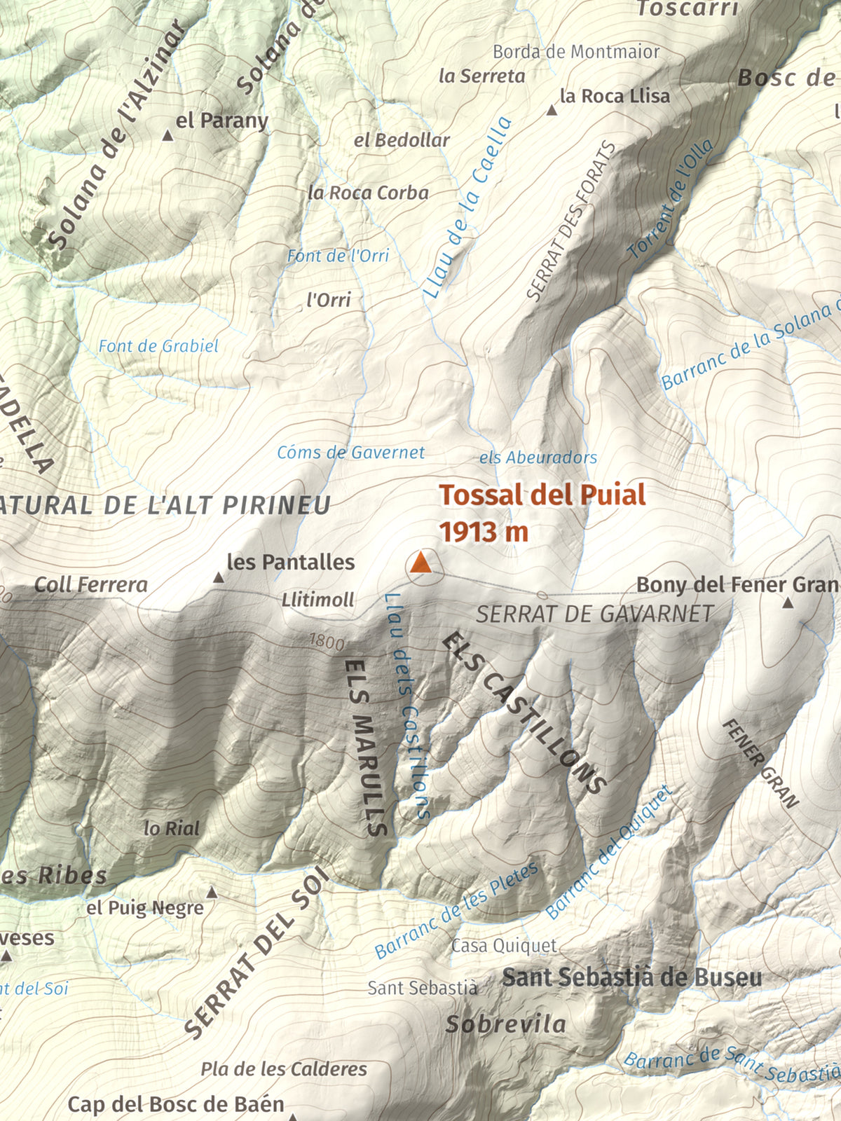 Mapa de relieve de Tossal del Puial, 1913 m, Pallars Sobirà, lámina 100 Cims de Trobart. Detalle de la zona central. 30 × 40 cm.