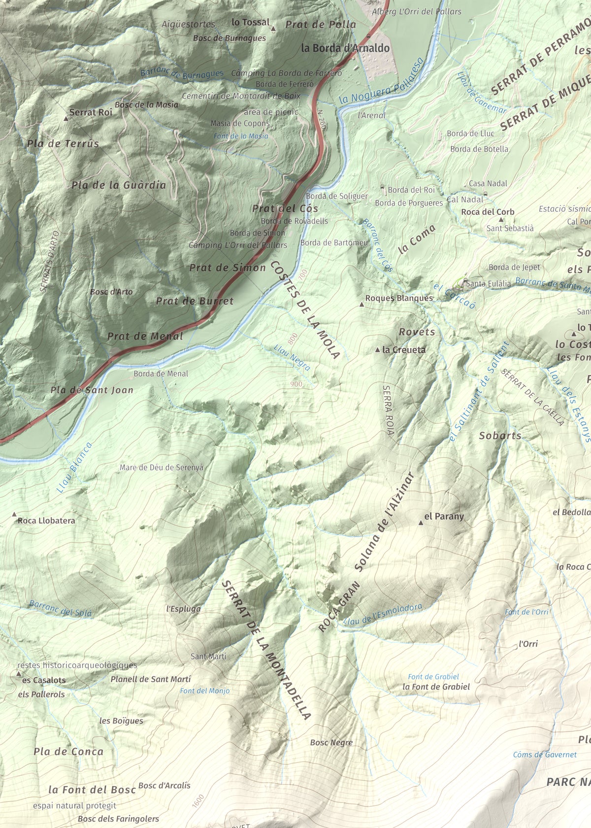Mapa de relieve de Tossal del Puial, 1913 m, Pallars Sobirà, lámina 100 Cims de Trobart. Detalle de la zona superior izquierda. 50 × 70 cm.