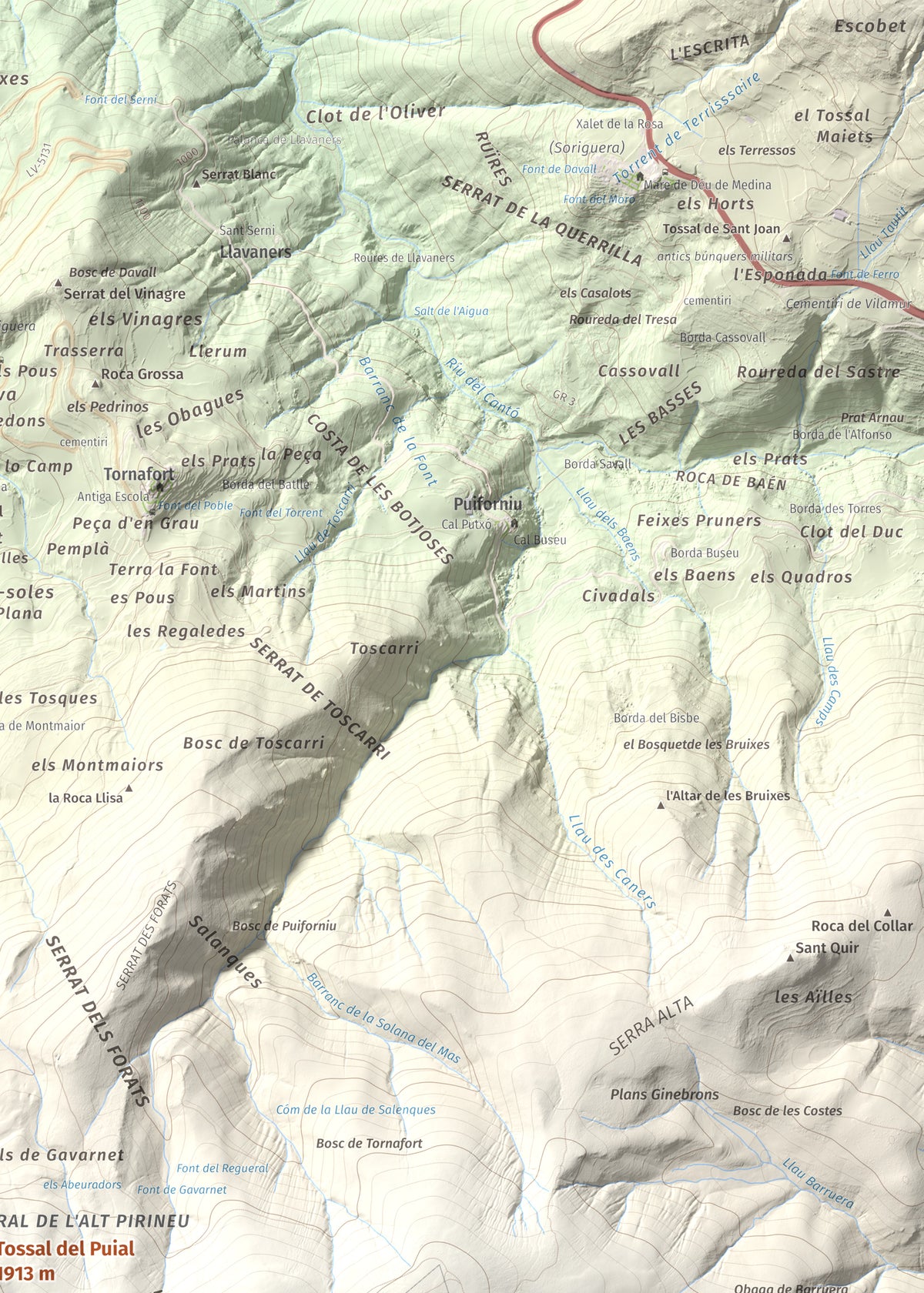 Mapa de relieve de Tossal del Puial, 1913 m, Pallars Sobirà, lámina 100 Cims de Trobart. Detalle de la zona superior derecha. 50 × 70 cm.