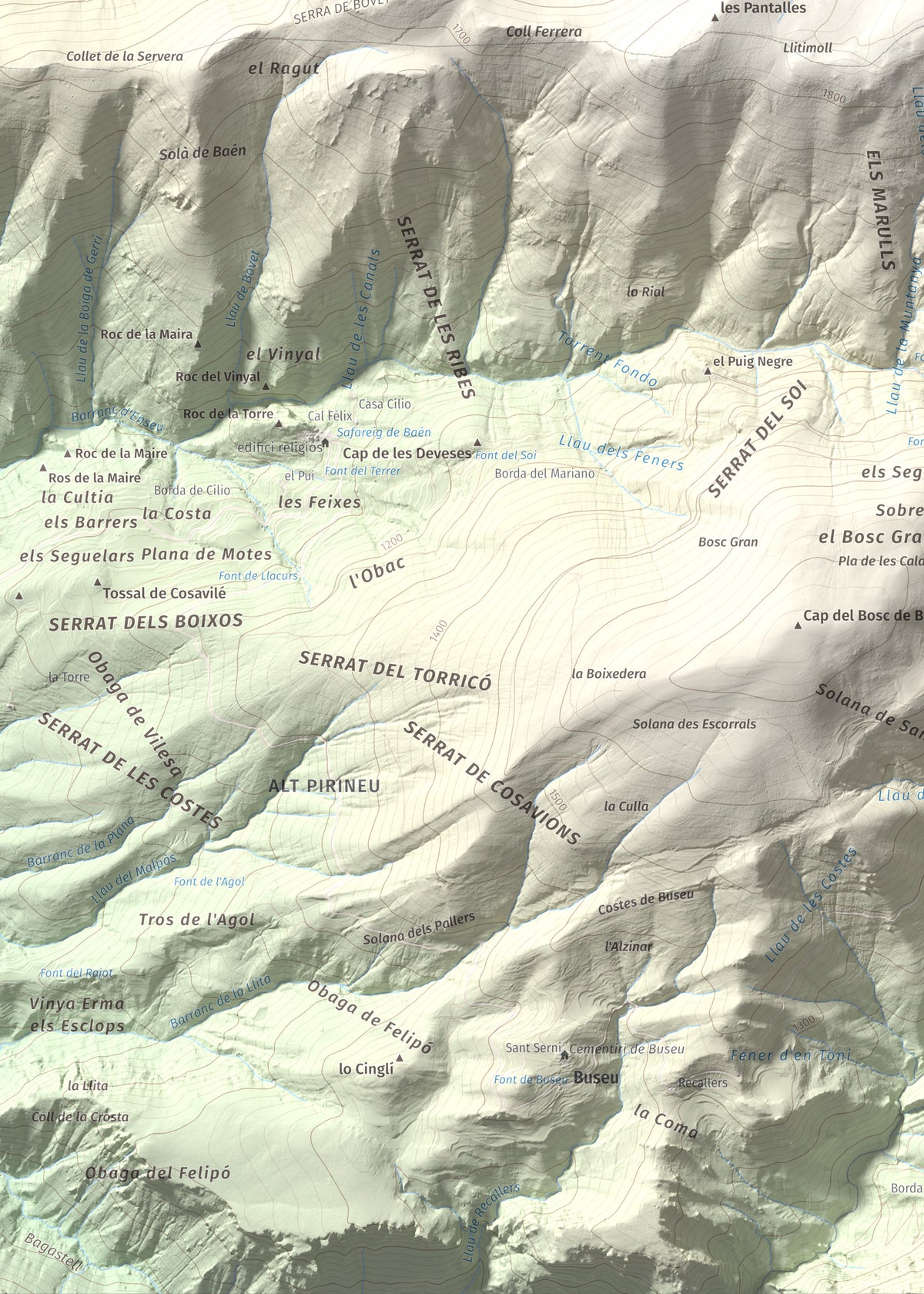 Mapa de relieve de Tossal del Puial, 1913 m, Pallars Sobirà, lámina 100 Cims de Trobart. Detalle de la zona inferior izquierda. 50 × 70 cm.
