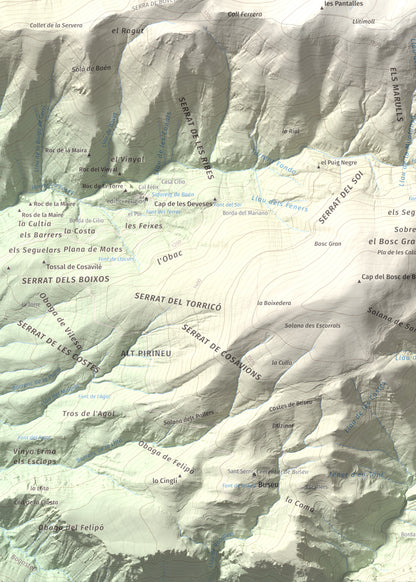 Mapa de relieve de Tossal del Puial, 1913 m, Pallars Sobirà, lámina 100 Cims de Trobart. Detalle de la zona inferior izquierda. 50 × 70 cm.