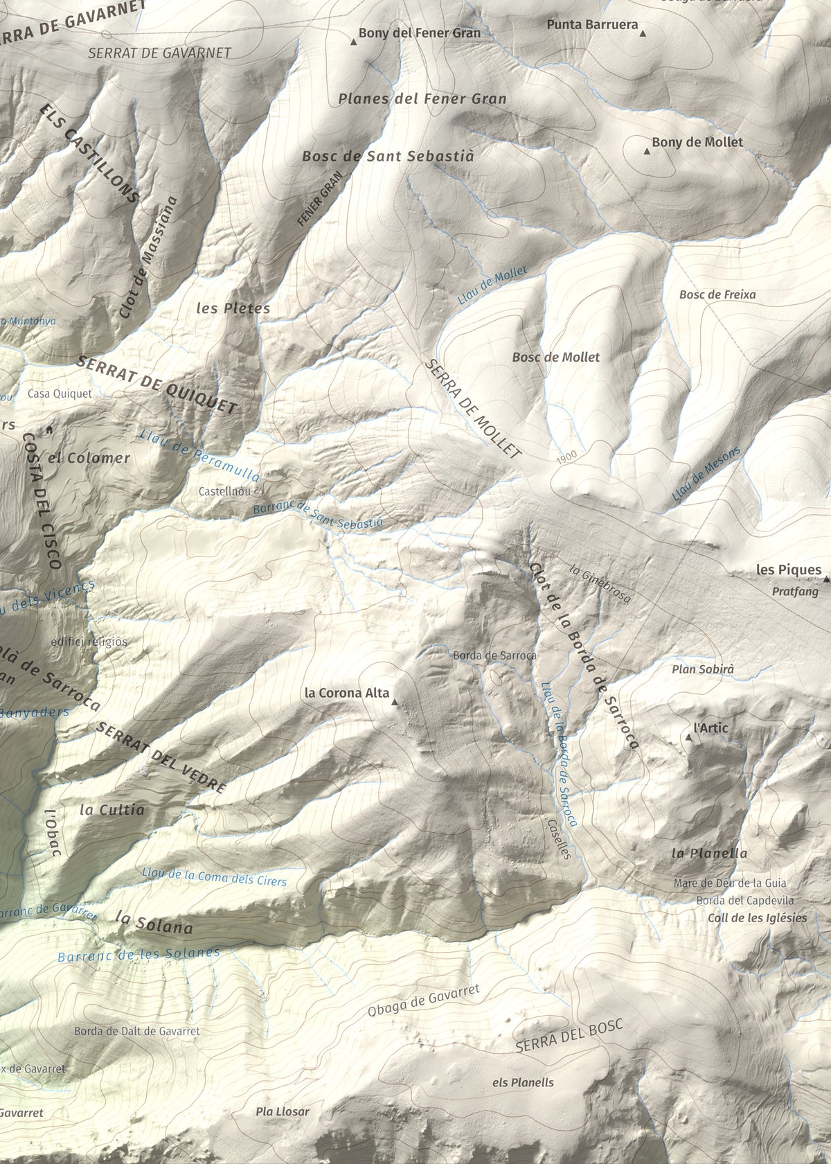Mapa de relieve de Tossal del Puial, 1913 m, Pallars Sobirà, lámina 100 Cims de Trobart. Detalle de la zona inferior derecha. 50 × 70 cm.