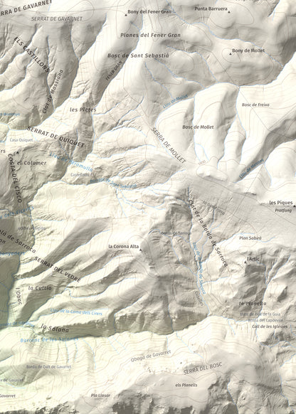 Mapa de relieve de Tossal del Puial, 1913 m, Pallars Sobirà, lámina 100 Cims de Trobart. Detalle de la zona inferior derecha. 50 × 70 cm.