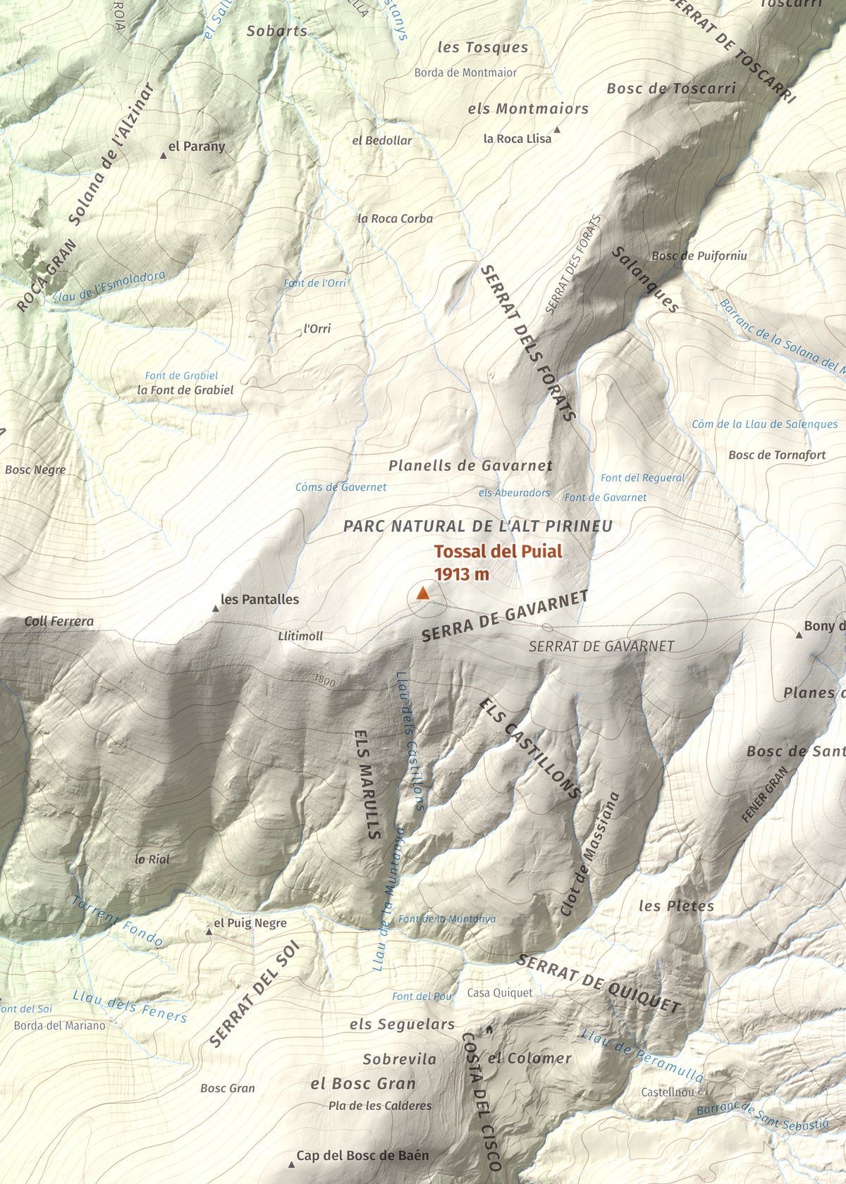 Mapa de relieve de Tossal del Puial, 1913 m, Pallars Sobirà, lámina 100 Cims de Trobart. Detalle de la zona central. 50 × 70 cm.